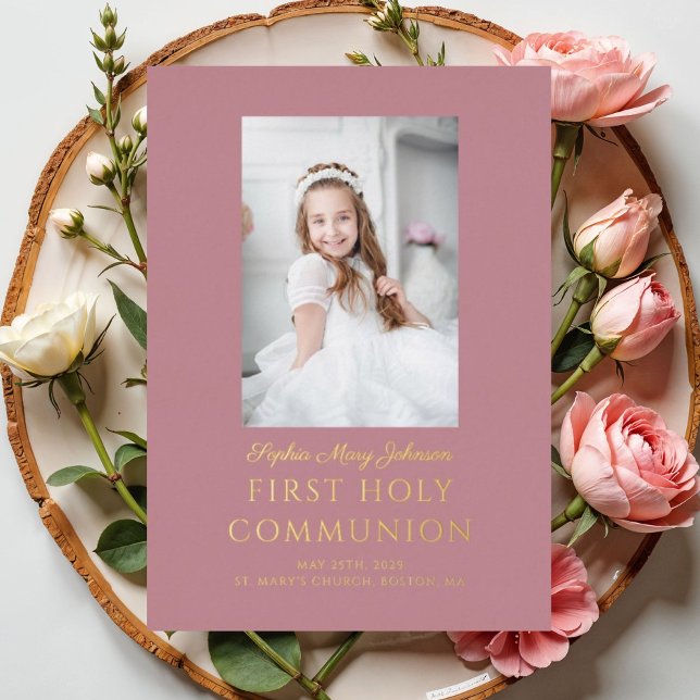Invitation En Aluminium Fille Script Photo First Holy Communion Rose Gold (Pink Photo Girl First Communion Rose Gold Foil Invitation)