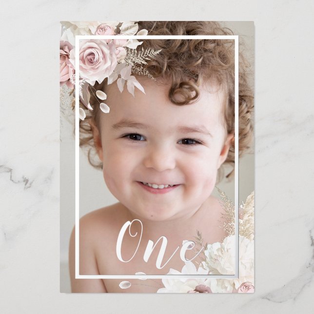 Invitation En Aluminium Filles / Boy Blush Blanc Floral 1er Anniversaire A (Recto)