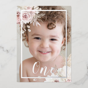 Invitation En Aluminium Filles / Garçon Blush Blanc Floral 1er Anniversair