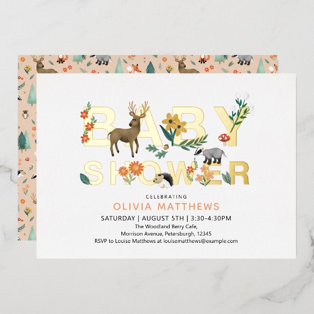 Invitation En Aluminium Filles mignonnes Élégantes Bois Animaux Baby showe (Recto/Verso)