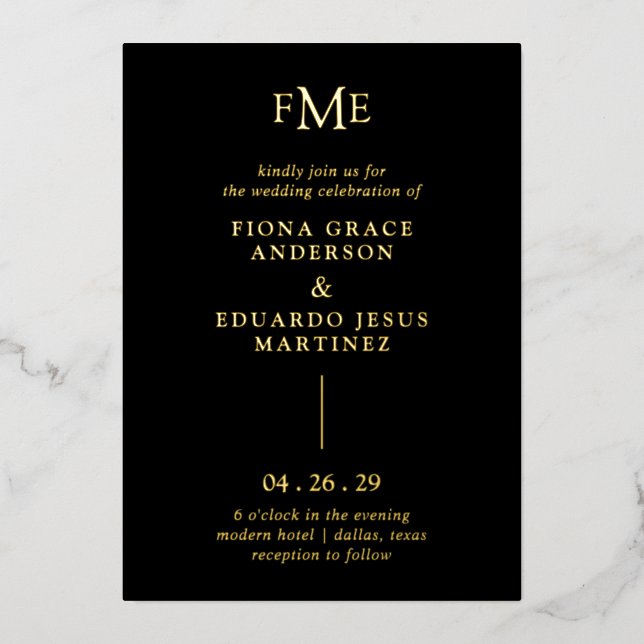 Invitation En Aluminium Fiona Black Bold Monogramme Mariage moderne (Recto)