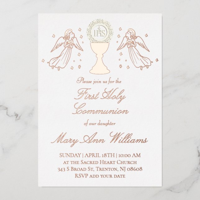 Invitation En Aluminium First Communion catholic girl rose gold angels  (Recto)