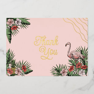 Invitation En Aluminium Flamant Hawaïen & Hibiscus Rose & Or Merci