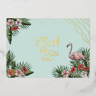 Invitation En Aluminium Flamant rose hawaïen & Hibiscus Blue & Gold Merci