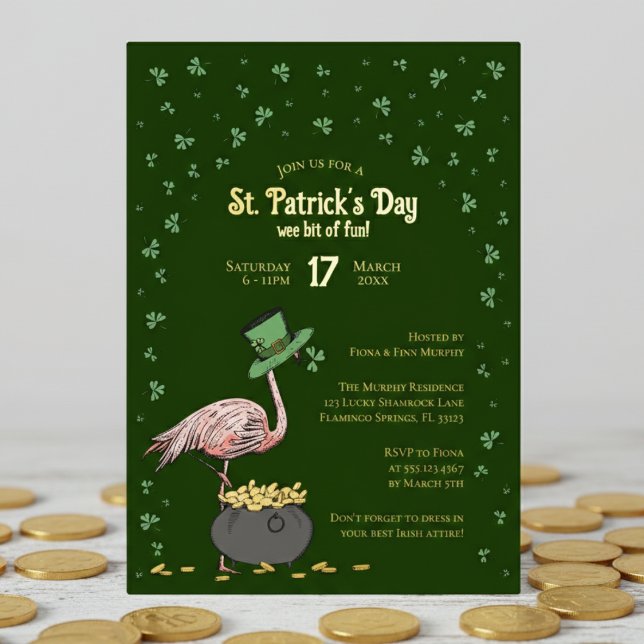 Invitation En Aluminium Flamingo Trèfle Vert Foncé Saint-Patrick (Funny Irish Flamingo Dark Green Gold St Patrick's Day Party Invitations. Lucky Green Shamrock Clover)
