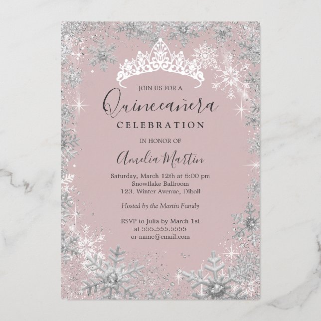 Invitation En Aluminium Fléau de neige blanc Silver Quinceanera (Recto)