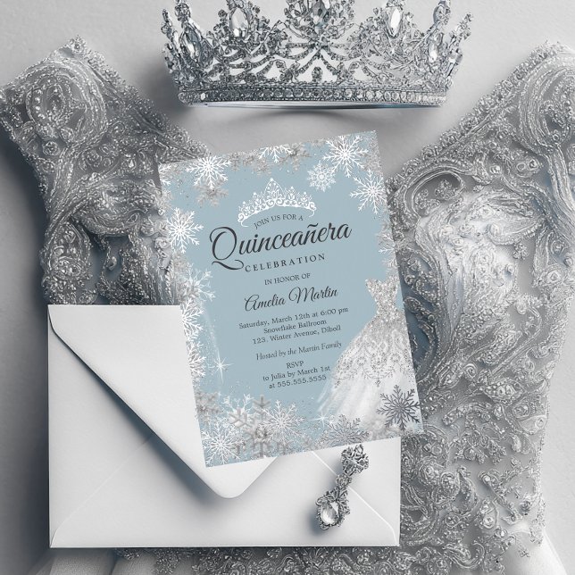 Invitation En Aluminium Fléau de neige bleu argenté en hiver Quinceanera (Créateur téléchargé)