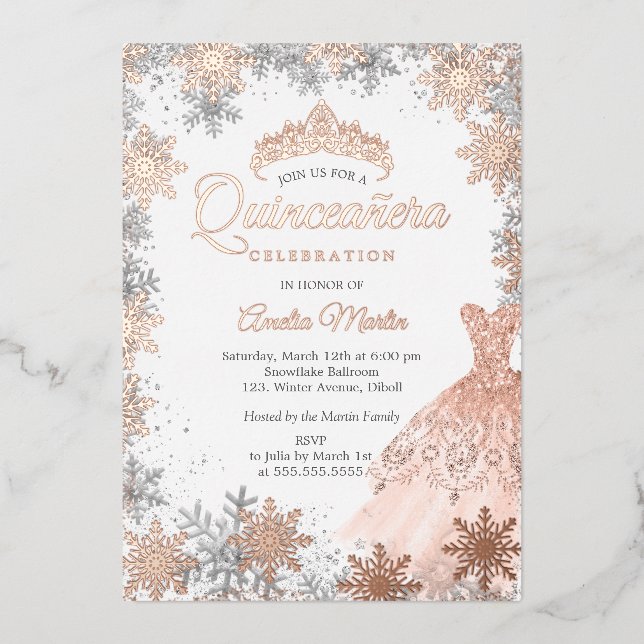 Invitation En Aluminium Fléau de neige rose Gold Winter Quinceanera (Recto)