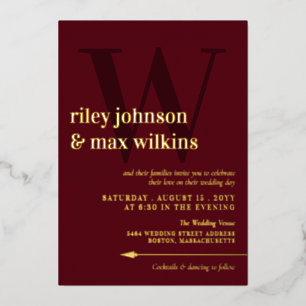Invitation En Aluminium Flèche de typographie élégante Bourgogne & Or