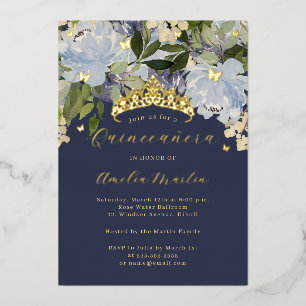 Invitation En Aluminium Fleur Bleu Marine Brillant Papillons Quinceanera