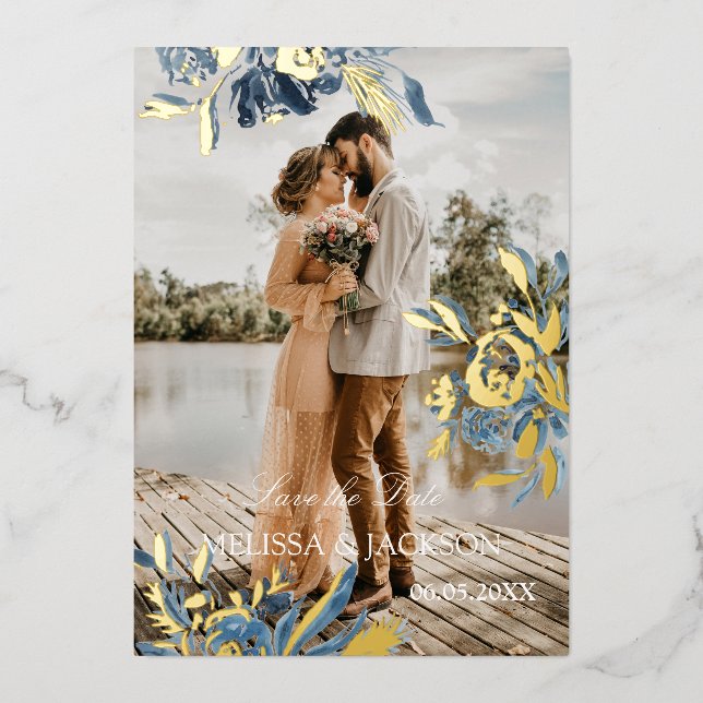 Invitation En Aluminium Fleur bleue délicate et or Save the Date (Recto)