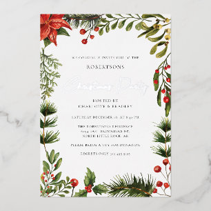 Invitation En Aluminium Fleur Botanique Rouge Berries Noël Argent
