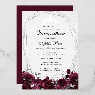 Invitation En Aluminium Fleur Bourgogne Argent Tiara Quinceanera