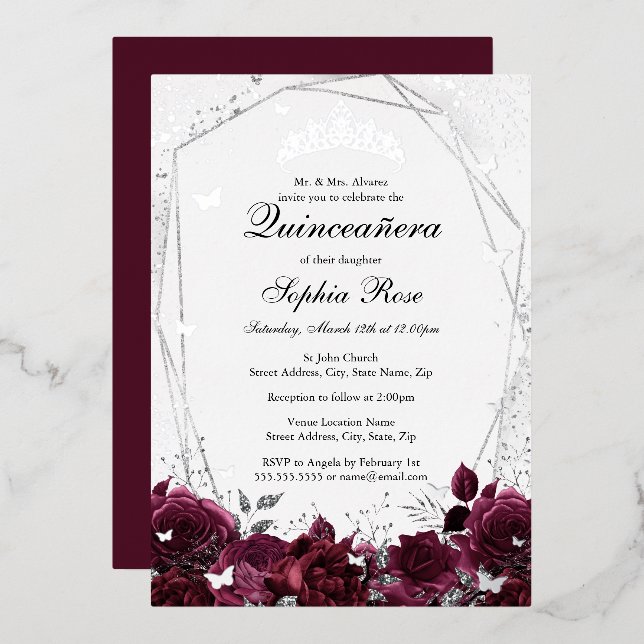 Invitation En Aluminium Fleur Bourgogne Argent Tiara Quinceanera (Recto/Verso)