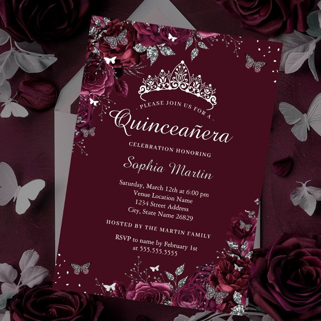 Invitation En Aluminium Fleur Bourgogne argentée Quinceanera (Créateur téléchargé)