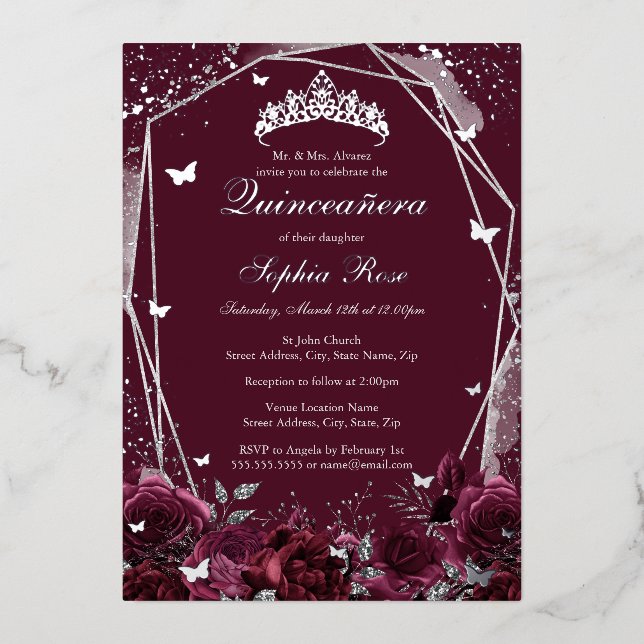 Invitation En Aluminium Fleur Bourgogne Tiara Silver Quinceanera (Recto)