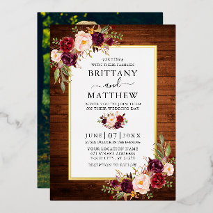 Invitation En Aluminium Fleur d'aquarelle en bois rustique Photo Or
