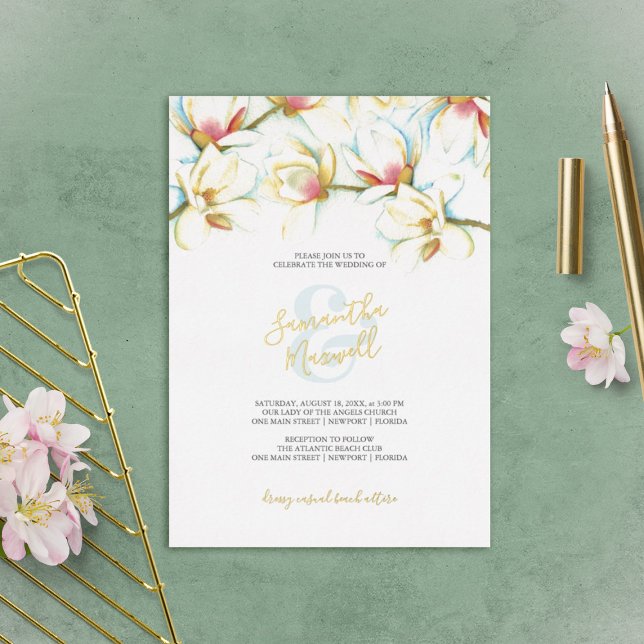 Invitation En Aluminium Fleur d'aquarelle Magnolia blanc Mariage Foil Invi (Créateur téléchargé)