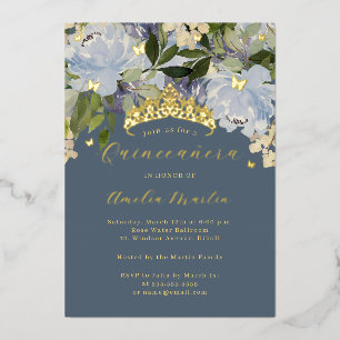 Invitation En Aluminium Fleur de bleu poussiéreux Brille Papillons Quincea