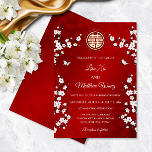 Invitation En Aluminium Fleur de cerisier blanc   Mariage chinois rouge