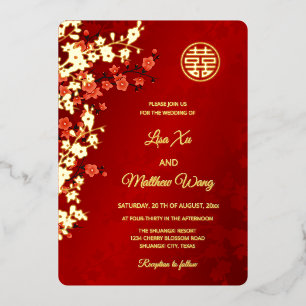 Invitation En Aluminium Fleur de cerisier dorée BILINGUE Mariage chinois