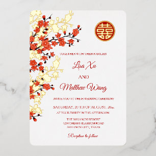 Invitation En Aluminium Fleur de cerisier Or Rouge   Mariage Chinois