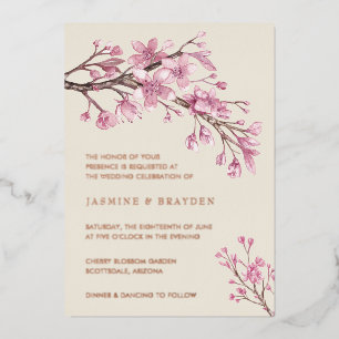 Invitation En Aluminium Fleur de Cerisier Rose Mariage Or Rose