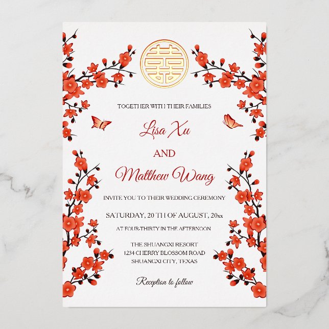 Invitation En Aluminium Fleur de cerisier rouge | Mariage chinois (Recto)