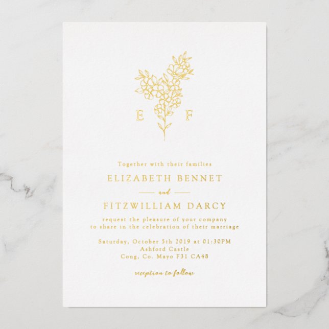 Invitation En Aluminium Fleur de cerisier simple en feuille d'or Monogramm (Recto)