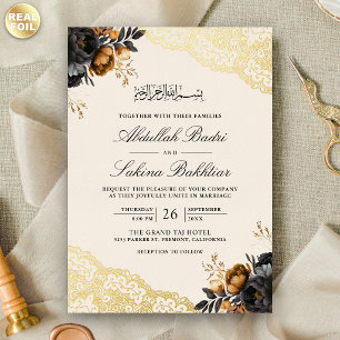Invitation En Aluminium Fleur de dentelle en or noir Crème Mariage musulma