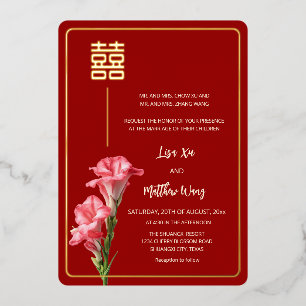 Invitation En Aluminium Fleur de glaïeul rouge or mariage chinois