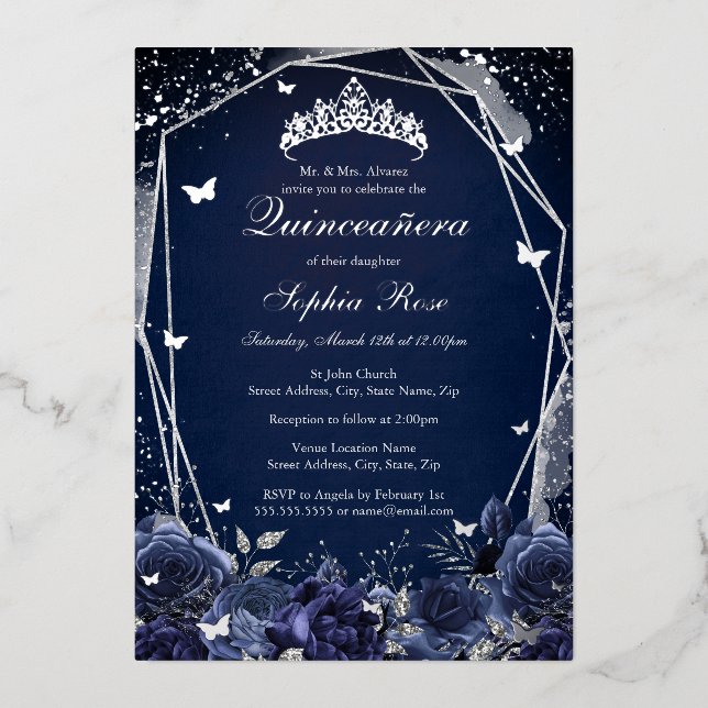 Invitation En Aluminium Fleur de marine Tiara Silver Quinceanera (Recto)