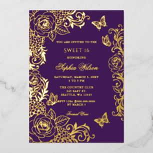 Invitation En Aluminium Fleur de papillon doré violet Sweet 16