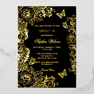 Invitation En Aluminium Fleur de papillon noir or Sweet 16