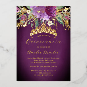 Invitation En Aluminium Fleur de pourpre or améthyste Quinceanera