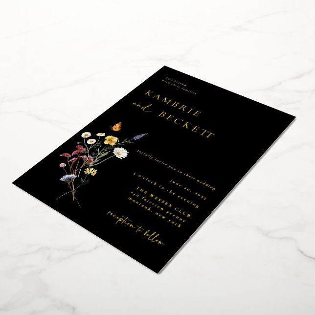 Invitation En Aluminium Fleur de prairie sauvage Mariage noir (Rotation)