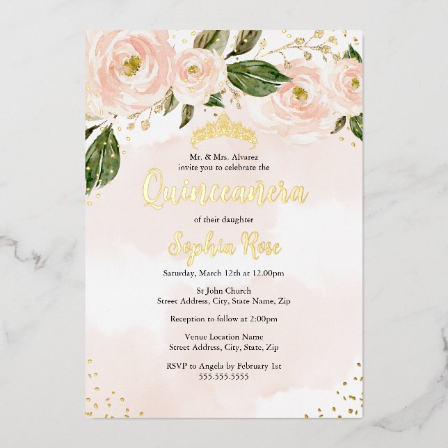 Invitation En Aluminium Fleur d'or rose pâle Tiara Quinceanera (Recto)