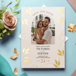 Invitation En Aluminium Fleur dorée | Mariage casual crème feuille d'or