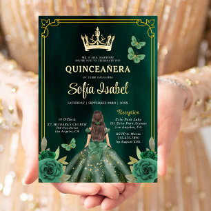 Invitation En Aluminium Fleur Émeraude Verte Papillon Quinceanera Or