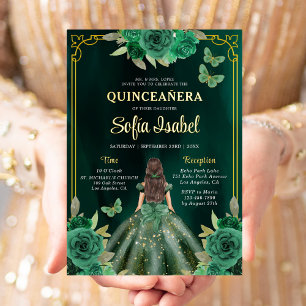 Invitation En Aluminium Fleur Émeraude Verte Papillon Quinceanera Or