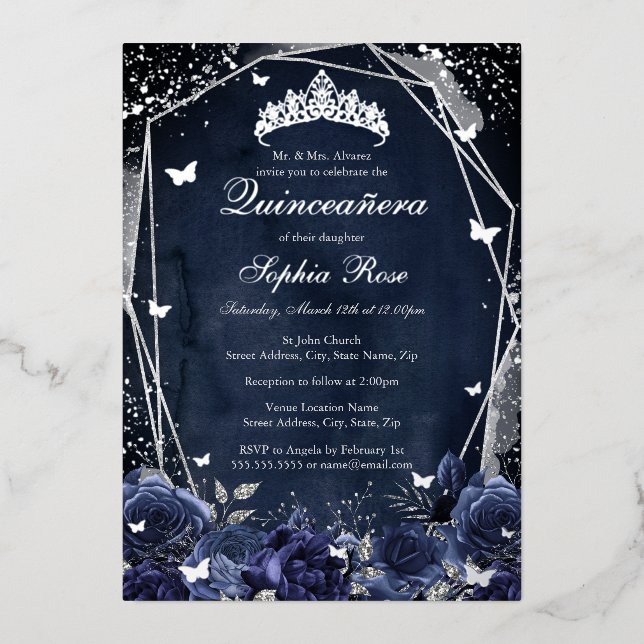 Invitation En Aluminium Fleur étincelle de la marine Tiara Silver Quincean (Recto)