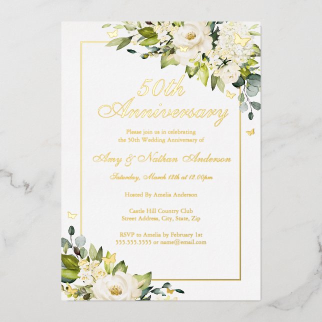 Invitation En Aluminium Fleur Golden Butterfly 50e anniversaire Mariage (Recto)