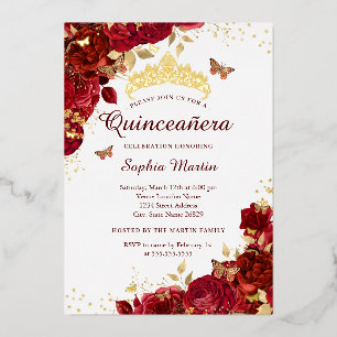 Invitation En Aluminium Fleur Or Papillon rouge élégant Quinceanera