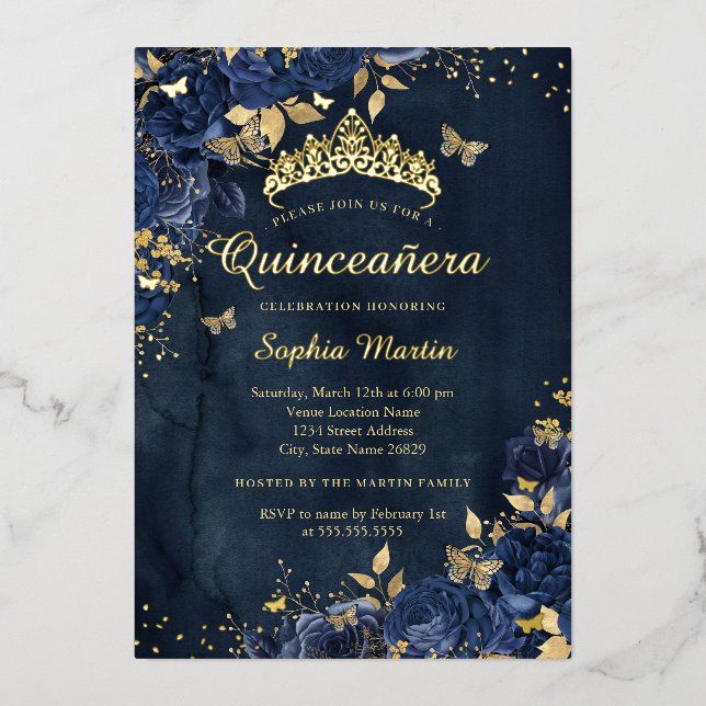 Invitation En Aluminium Fleur papillon de marine Élégante Quinceanera d'or (Recto)
