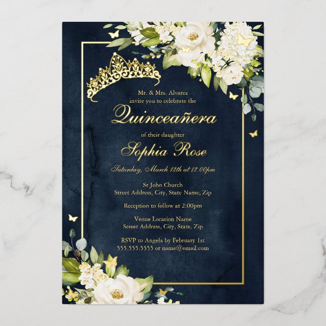 Invitation En Aluminium Fleur Papillon Doré Navy Quinceanera  (Recto)