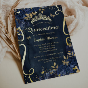 Invitation En Aluminium Fleur Papillon Élégante Quinceanera Or Navy