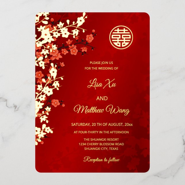 Invitation En Aluminium Fleur rouge de cerisier or | Mariage chinois (Recto)
