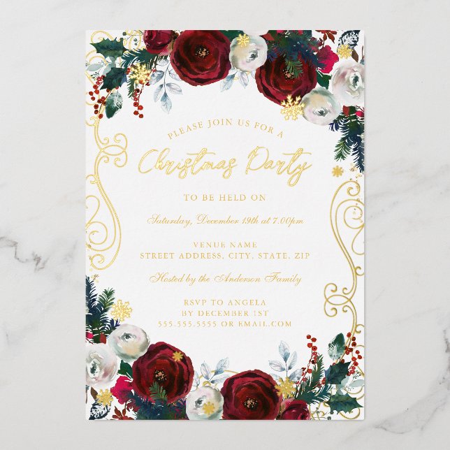Invitation En Aluminium Fleur Rouge or Vert Noël Fleur (Recto)
