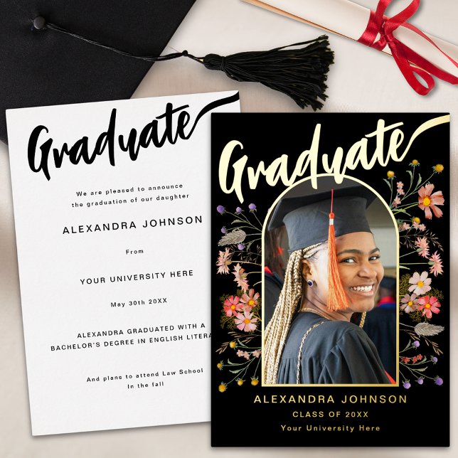 Invitation En Aluminium Fleur sauvage Boho Chic Graduate Photo Script Gold (Boho floral graduate photo arch elegant gold foil script black graduation announcement card)