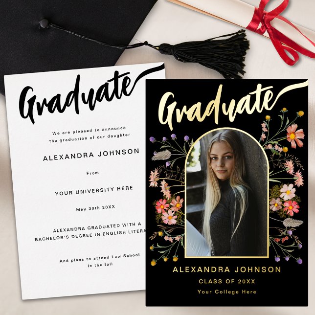 Invitation En Aluminium Fleur sauvage Boho Chic Graduate Photo Script Gold (Boho floral arch graduate photo stylish gold foil calligraphy  black graduation announcement card)